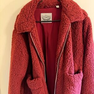 Levi’s Red Teddy Coat Faux Fur Zip Jacket Women’s Large NWT
